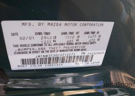 2001 Mazda Mx-5 Miata Ls/Special Edition from USA, damaged, VIN JM1NB353010212273